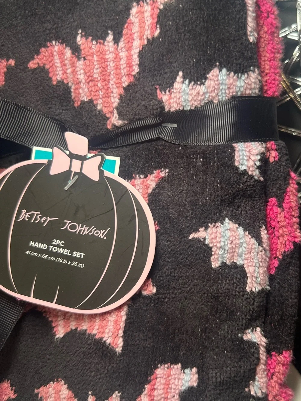 2 Halloween Pink Bats Hand Towels Betsey Johnson Bathroom